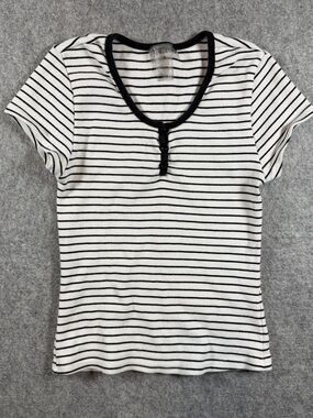 eye candy Black & White Striped Henley Short Sleeve Tee